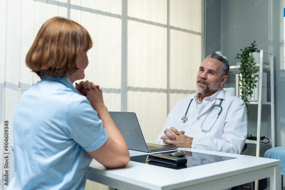 Caucasian senior woman visit and consult health problem with doctor. Caucasian senior woman visit and consult health problem with doctor.
