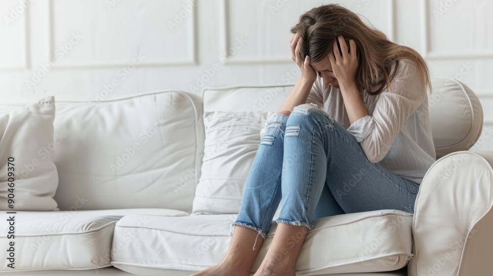 Distressed Woman Sitting on Couch with Head in Hands in Cozy Home Setting Distressed Woman Sitting on Couch with Head in Hands in Cozy Home Setting