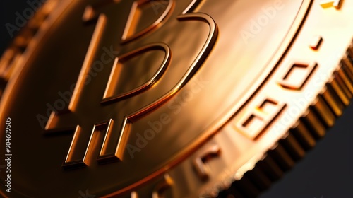 3D rendering of a Bitcoin cryptocurrency coin, with a golden finish and the iconic "B" symbol