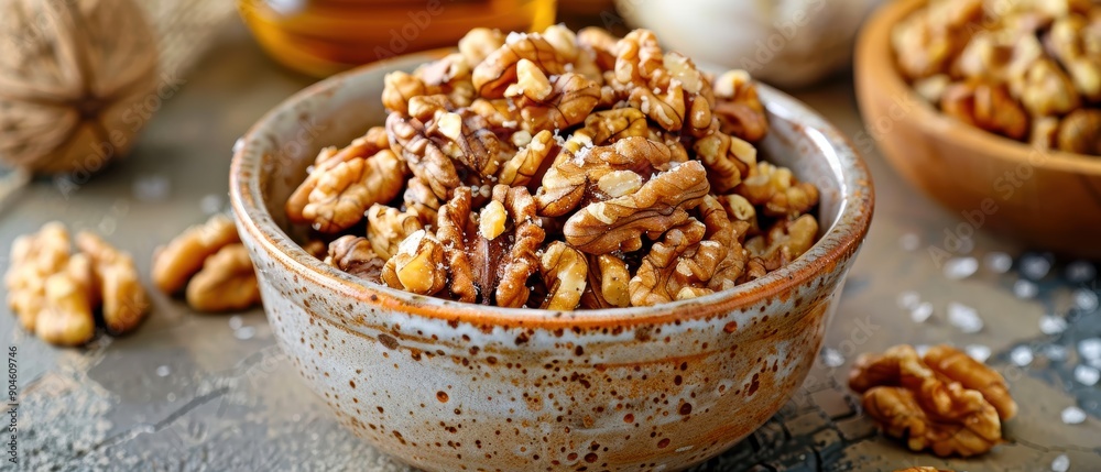 Bowl of homemade roasted salted walnuts, showcasing a nutritious and savory snack Bowl of homemade roasted salted walnuts, showcasing a nutritious and savory snack