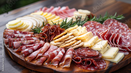 Cheese and meat platter with crackers photo