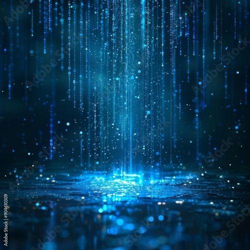 Abstract blue digital rain with glowing light streaks
