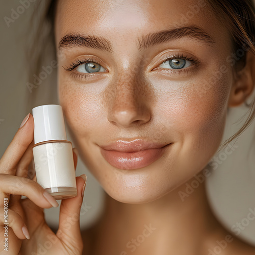 outhful Radiance: Focus on a close-up of a female's radiant, holding retinol bottle near her face, smooth skin after using retinol consistently, showcasing its anti-aging benefits and skin-renewing pr photo