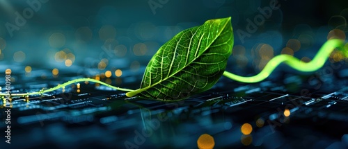 Realistic digital painting of an infinity loop green leaf over a business stock chart, representing sustained success photo