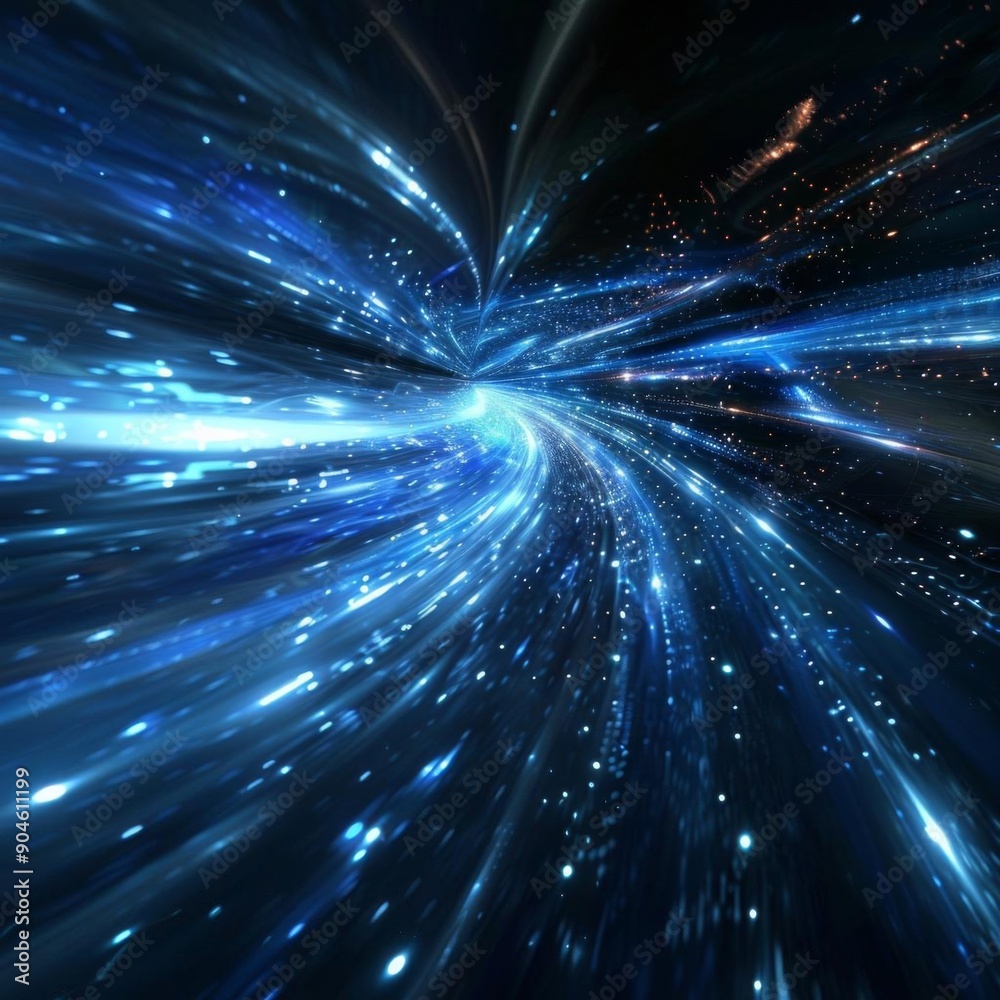 Abstract blue and black light streaks forming a swirling tunnel in space. Abstract blue and black light streaks forming a swirling tunnel in space.