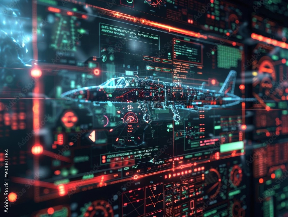 Futuristic airplane HUD interface with digital gauges and data. Futuristic airplane HUD interface with digital gauges and data.