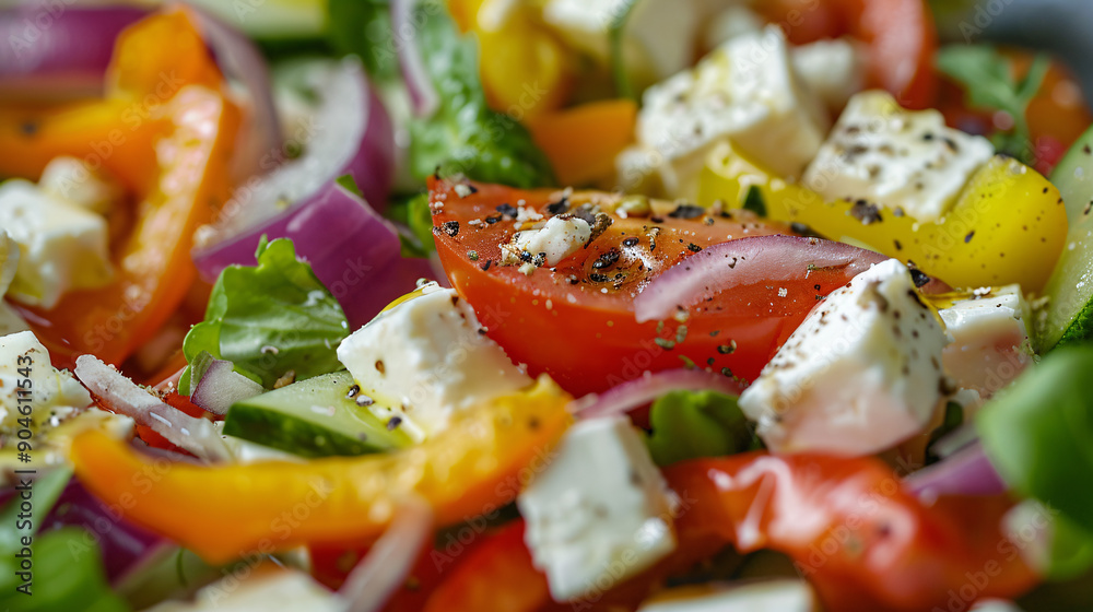 Close-up of a fresh vegetable salad with feta cheese Close-up of a fresh vegetable salad with feta cheese