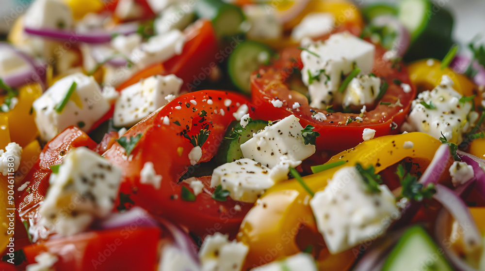 Close-up of a fresh vegetable salad with feta cheese Close-up of a fresh vegetable salad with feta cheese
