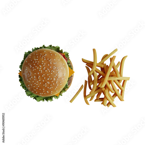 Burger and French fries with a transparent background, seen from above