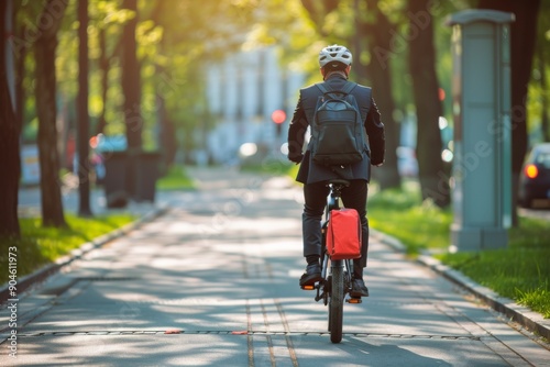 Cyclist in Urban Park with Greenery and Sunlight Reflecting Nature and Calm Atmosphere