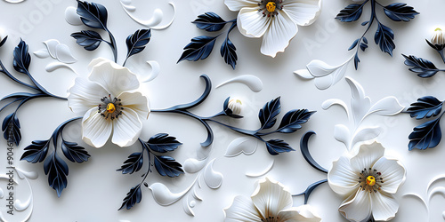 Seamless 3D White Spring Cherry Blossom Autumn Blue Leaves and Flowers With Branches on a Light Background. Abstract Floral 3D Landscape Wall Sticker. HD Seamless Wallpaper