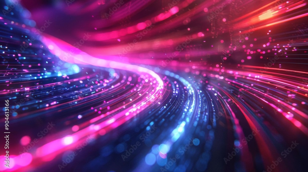 Obraz premium Abstract swirling light streaks in pink, blue, and red with glittering particles.