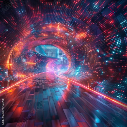 Abstract futuristic tunnel with glowing neon lights and digital data.
