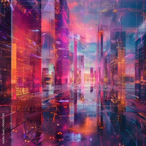 Futuristic city skyline with glowing lights and reflections.
