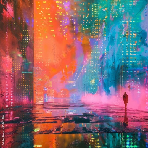 A lone figure walks through a futuristic cityscape bathed in vibrant neon light.