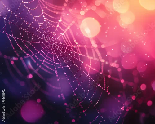 Fototapeta Dew Drops on Spider Web Bokeh - spiderweb, colorful, abstract, bokeh, lights, web, bright, background, nature, design, glow, artistic, purple, pink, yellow