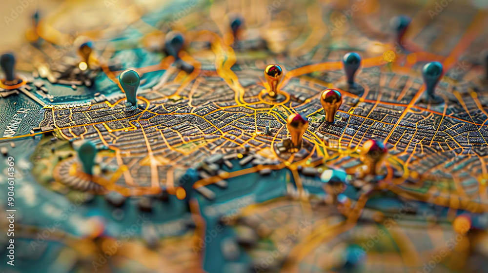 A detailed map of the city with pins or markers representing different locations A detailed map of the city with pins or markers representing different locations