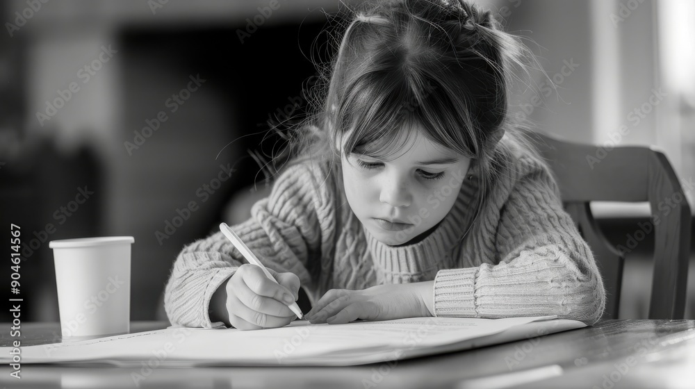 A focused young girl in a cozy sweater diligently writes on paper at a table, capturing a moment of creativity and concentration. A focused young girl in a cozy sweater diligently writes on paper at a table, capturing a moment of creativity and concentration.
