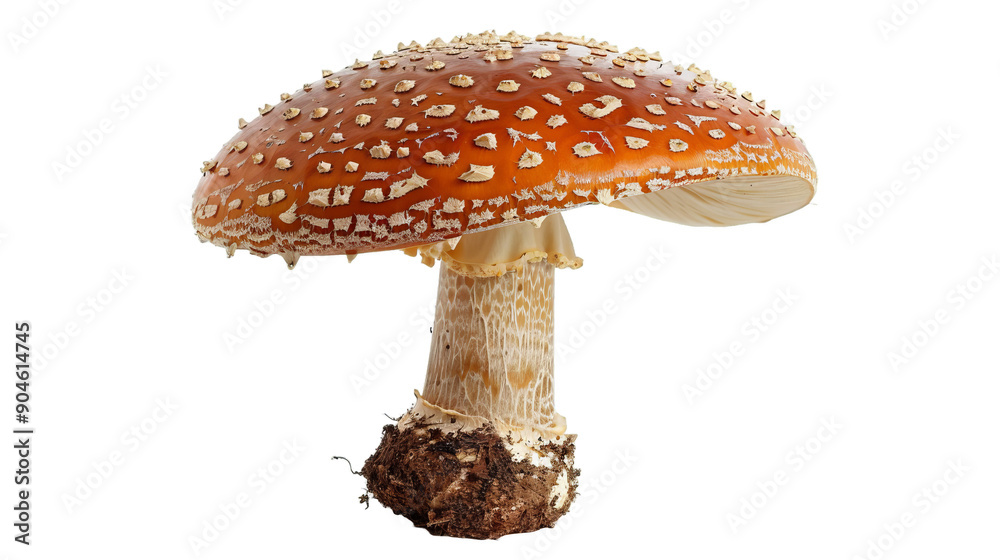 A large mushroom with brown spots sits on a white background A large mushroom with brown spots sits on a white background