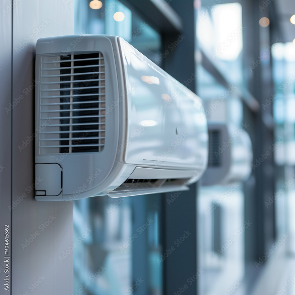 Closeup of air conditioner placed on wall in modern business office interior. Copy space, summer heat temperature room cooling ventilation remote technology equipment, cold fresh climate . Closeup of air conditioner placed on wall in modern business office interior. Copy space, summer heat temperature room cooling ventilation remote technology equipment, cold fresh climate .