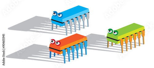 Integrated circuit cartoon set, with different colors and eyes in different expressions