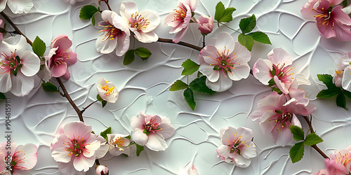 Seamless 3D White, Pink, and Yellow Spring Cherry Blossom Autumn Leaves and Flowers With Branches on a Light Background. Abstract Floral 3D Landscape Wall Sticker. HD Seamless Wallpaper