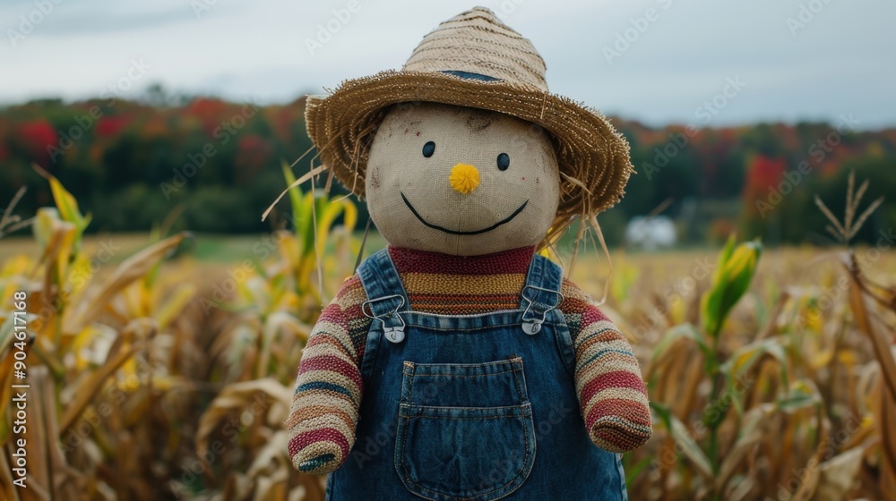 Cute scarecrow in overalls and a straw hat standing in a cornfield with autumn foliage in the background. Cute scarecrow in overalls and a straw hat standing in a cornfield with autumn foliage in the background.
