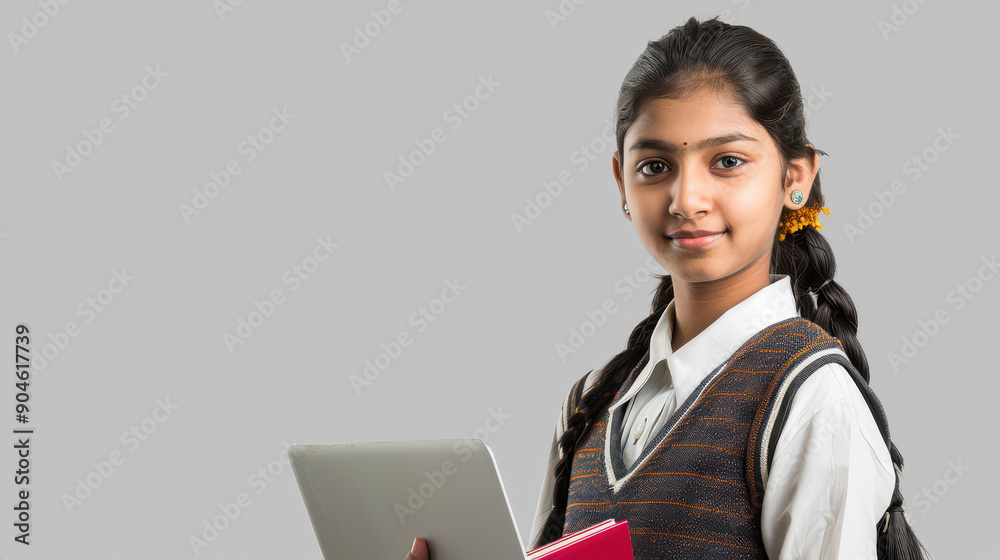 Indian schoolgirl in school uniform, laptop in hand, standing on a plain white background Indian schoolgirl in school uniform, laptop in hand, standing on a plain white background