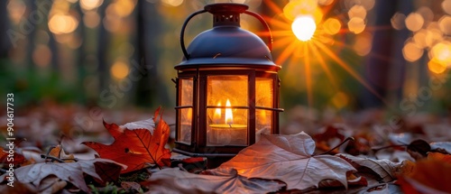 Vintage lantern glowing amidst fallen autumn leaves in a serene forest setting, capturing the essence of a peaceful evening outdoors. photo