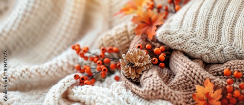 Warm and cozy autumn scene with knitted blankets and seasonal decorations like berries and leaves. Perfect for fall-themed projects.