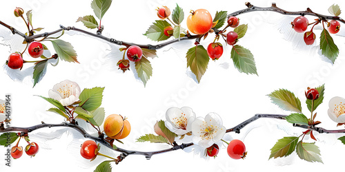 Seamless 3D White Spring Cherry Blossom Autumn Leaves and Flowers and Red Yellow Fruites With Branches on a Light Background. Abstract Floral 3D Landscape Wall Sticker. HD Seamless Wallpaper