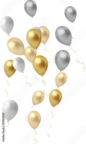 bunch of realistic golden ballons and ribbons, serpentine, gold confetti. Vector illustration for card, party, design, flyer, poster, decor, banner,
