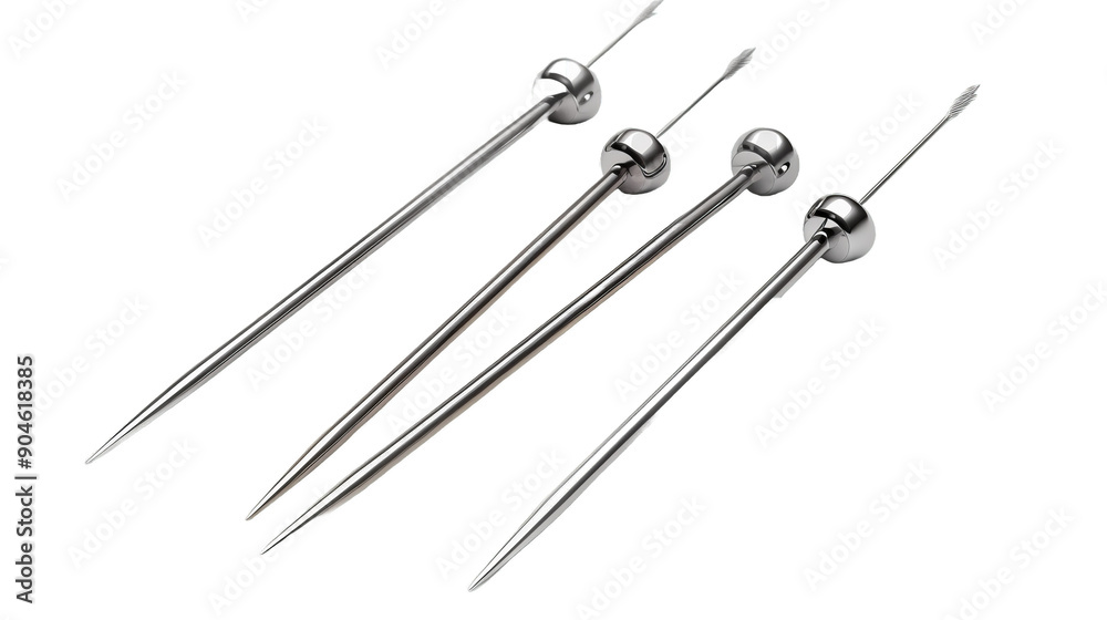 Four metal skewers are lined up on a white background Four metal skewers are lined up on a white background