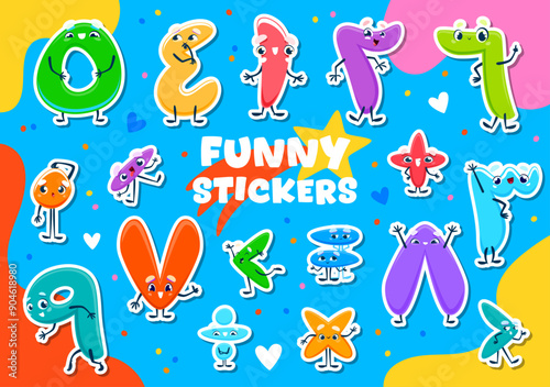 Arabic numbers numeral characters stickers. Isolated cartoon vector patches feature colorful, anthropomorphic arab digits from 0 to 9. Playful educational symbols for kids arithmetic counting learning