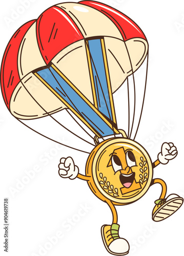 Cartoon groovy school golden medal character is parachuting down with a big smile, showcasing a cheerful and triumphant facial expression. Isolated vector joyful, victorious medal trophy personage