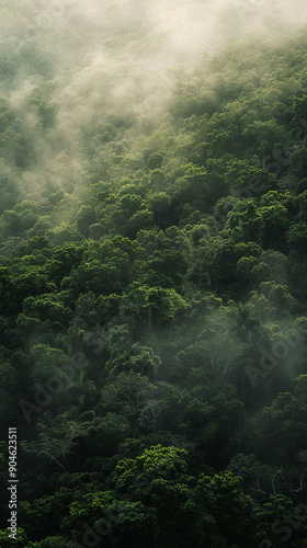 Dense forest shrouded in mist with sunlight filtering through the trees