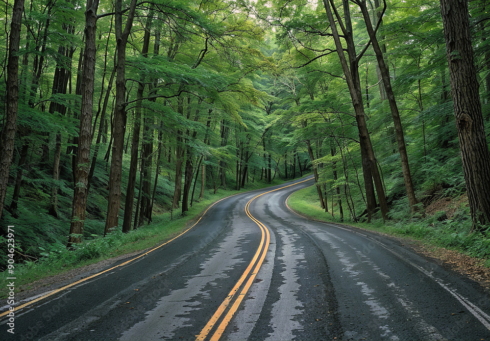 Empty Two Lane Country Road Curving Through a Lush Green Forest Empty Two Lane Country Road Curving Through a Lush Green Forest