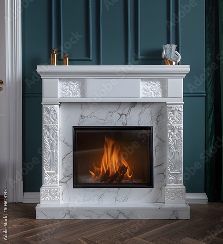 White Marble Fireplace with Burning Fire in a Modern Interior © rezor