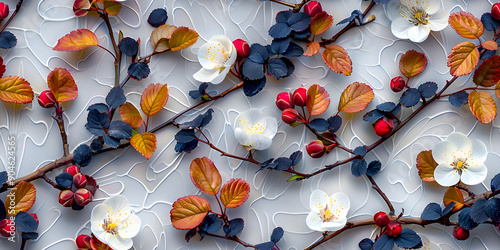 Seamless 3D White Spring Cherry Blossom Autumn Brown, Black, and Red Leaves and Flowers With Branches on a Light Background. Abstract Floral 3D Landscape Wall Sticker. HD Seamless Wallpaper