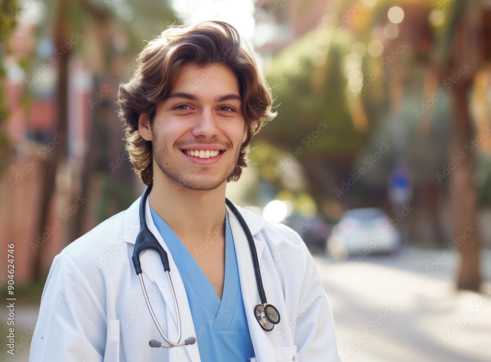A smiling male doctor outdoors, home health care concept