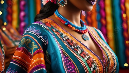 Close up of a Hispanic woman wearing a vibrant and colorful traditional hispanic or ethnic jacket and jewelry.