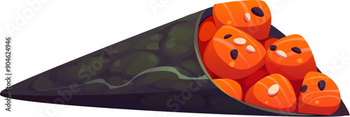 Temaki cartoon Japanese sushi, hand roll c with fresh seafood ingredients. Isolated vector japan cuisine Asian food, nori seaweed wrap filled with salmon fish slices and sesame seeds