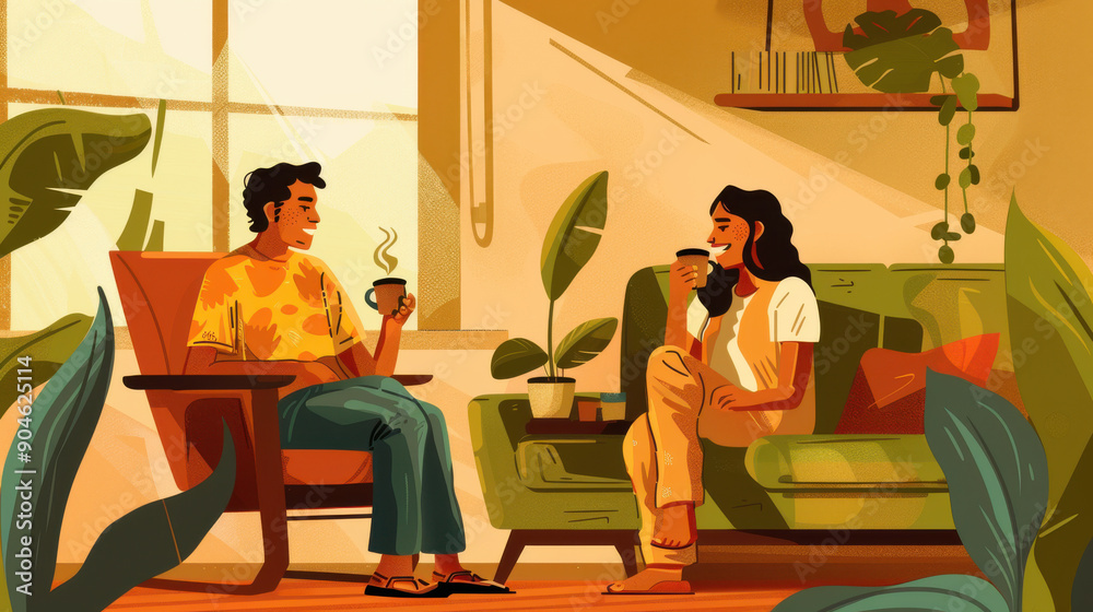 Loving Indian couple enjoying a coffee break in their home environment Loving Indian couple enjoying a coffee break in their home environment