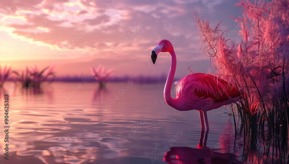 Fototapeta premium Pink flamingo standing in water with grass and reeds in background in beautiful nature scene for travel and wildlife lovers