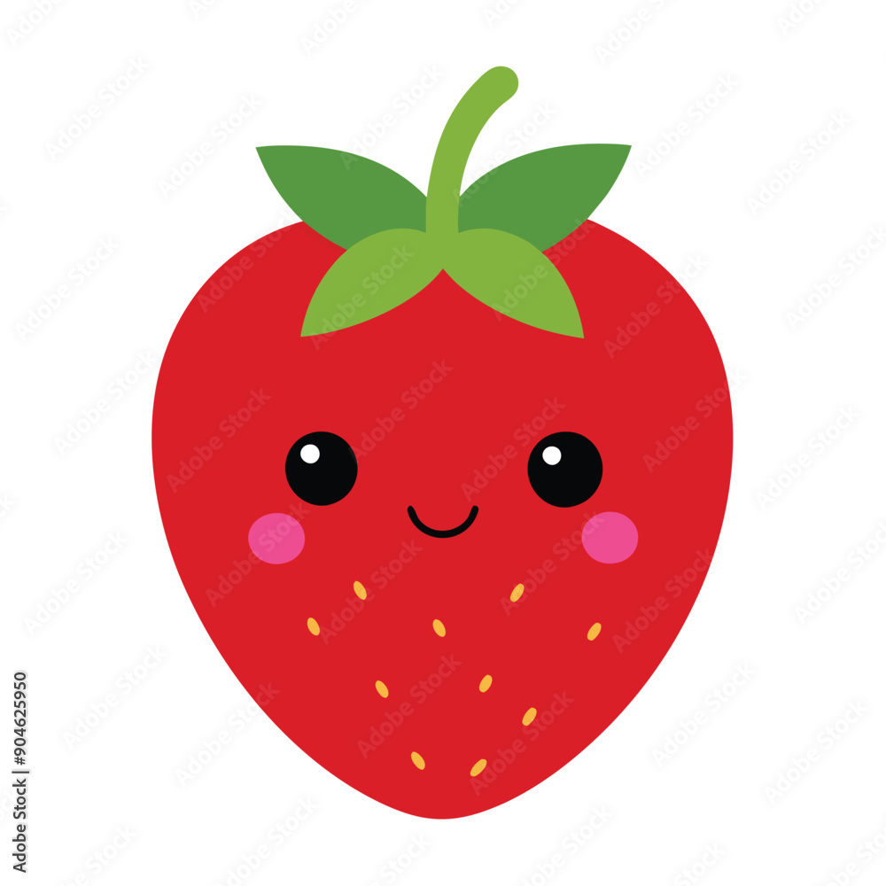 Obraz premium Cute funny Kawaii strawberry fruit character, cartoon style, isolated on white background