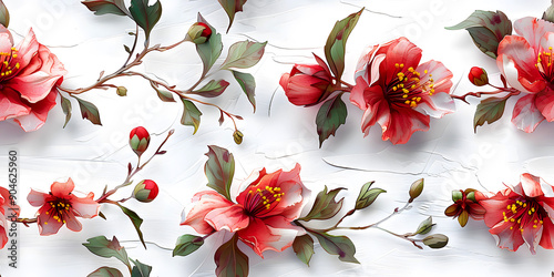 Seamless 3D Watercolor Red Spring Cherry Blossom Autumn Leaves and Flowers With Branches on a Light Background. Abstract Floral 3D Landscape Wall Sticker. HD Seamless Wallpaper