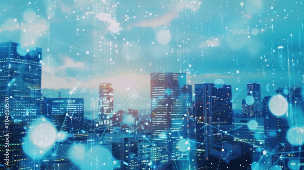 Cityscape with Abstract Network Overlay
