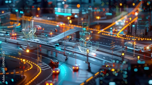 Obraz na płótnie An advanced AI system analyzing traffic patterns in a high-tech urban environment. w salonie