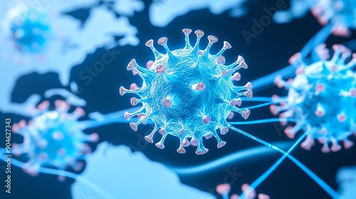Microscopic view of a virus, detailed visualization showing virus structure and spikes, representing global health concerns and scientific study of infectious diseases.