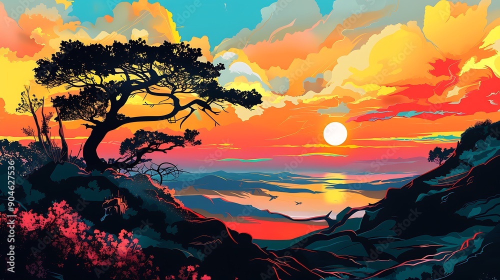 Sunset Landscape with a Silhouetted Tree